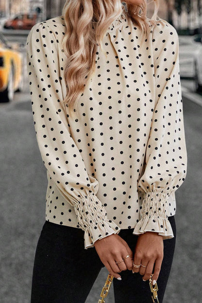Apricot Polka Dot Print Frill Neck Smocked Lantern Sleeve Blouse