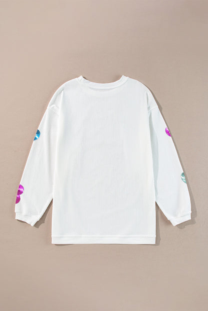 White Letter Print Heart Graphic Valentines Corded Crewneck Sweatshirt