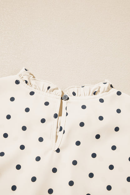 Apricot Polka Dot Print Frill Neck Smocked Lantern Sleeve Blouse