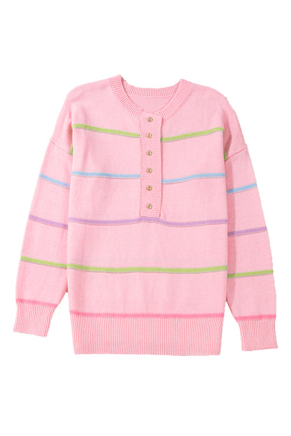 Pink Rainbow Striped Drop Sleeve Henley Sweater